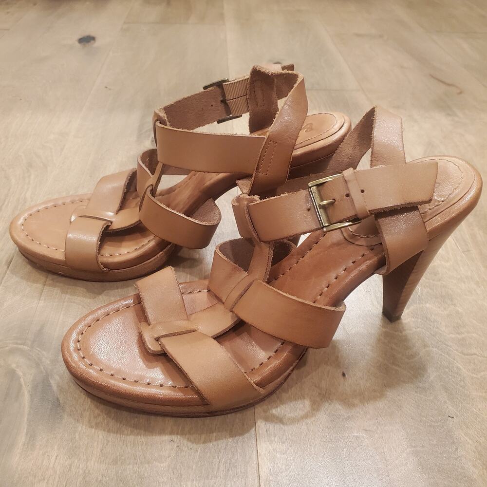 NWOB Boden Tan Camel Heeled Strappy Sandals Leather 39 / Sz 9